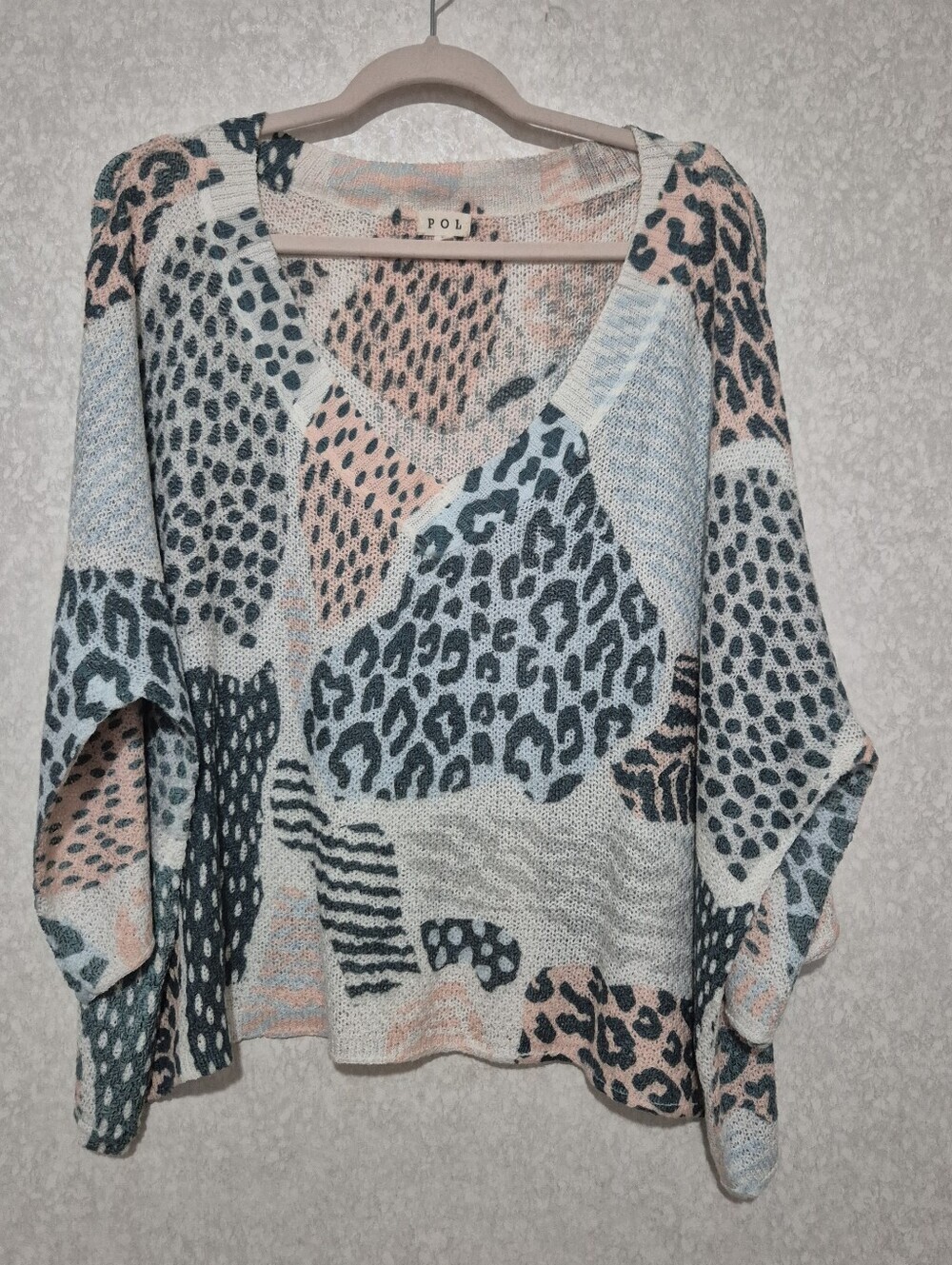 POL V-neck Patchwork Animal Print Sweater in Dusty Blue & Blush..Size:L